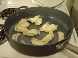 Trader Joe's Potstickers browning in the Pan